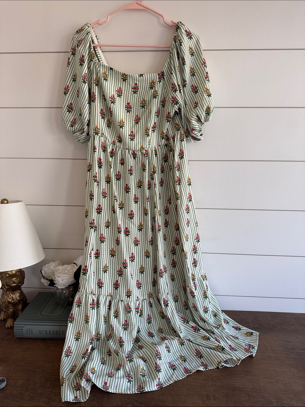 Green Floral Stripe Puff-Sleeve Maxi Dress
